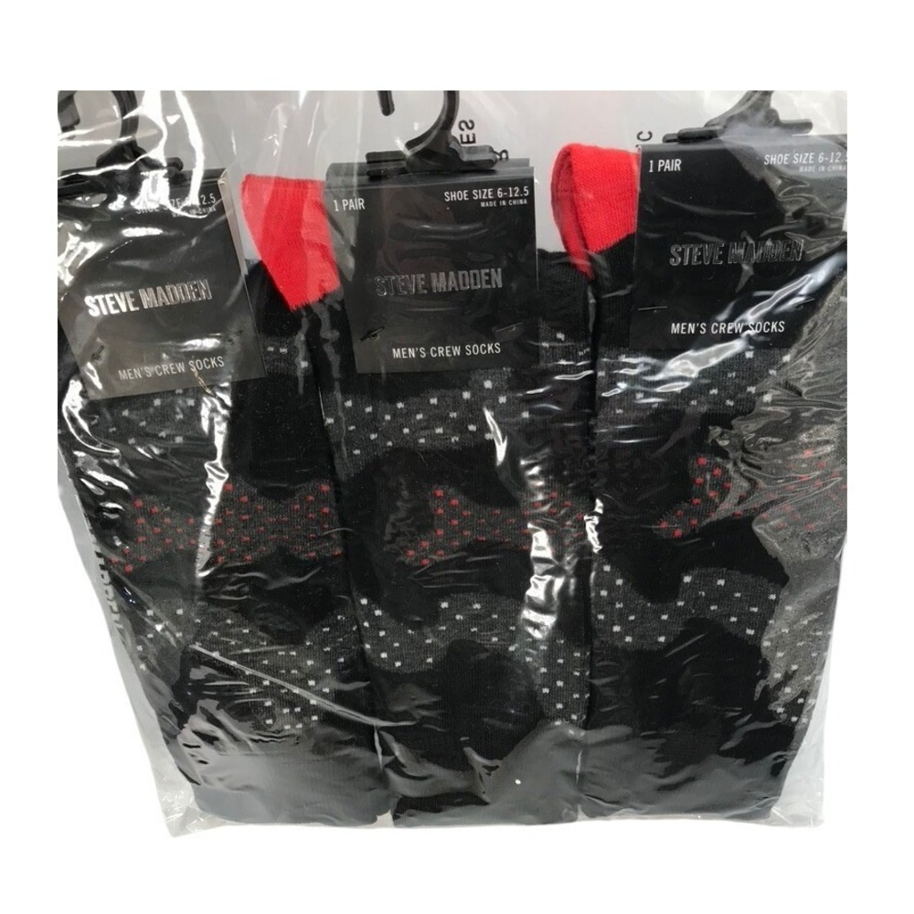 Steve Madden Mens 6 Pair Crew Socks Black Red Dot Pattern Shoe Size 6 12.5